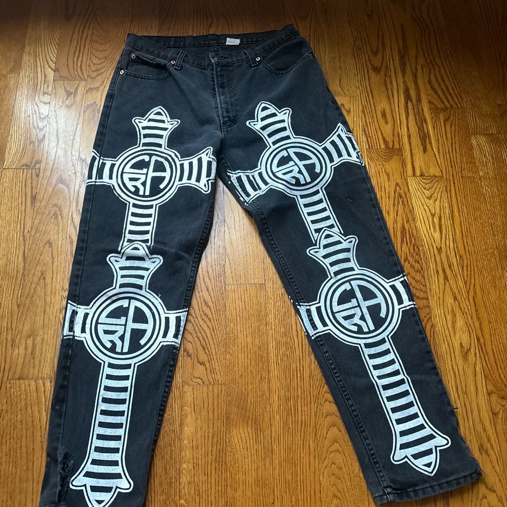 Vintage Jordache Blsck Jeans Custom Hand Painted Cross Goth Punk Denim 15/16